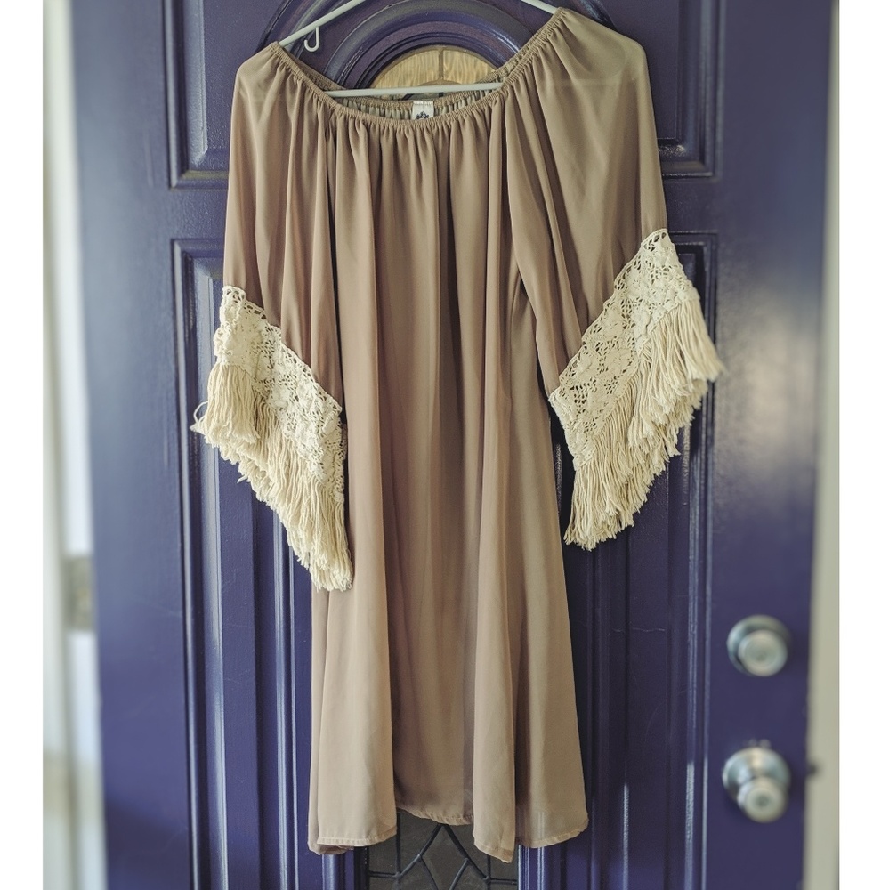 Tan Dress with Fringe Sleeves